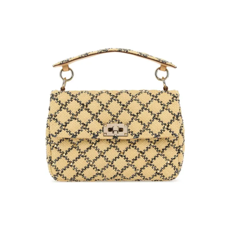 Valentino GARAVANIROCKSTUD SPIKE Raffia With Leather Handbag Medium Size Women's Yellow-0