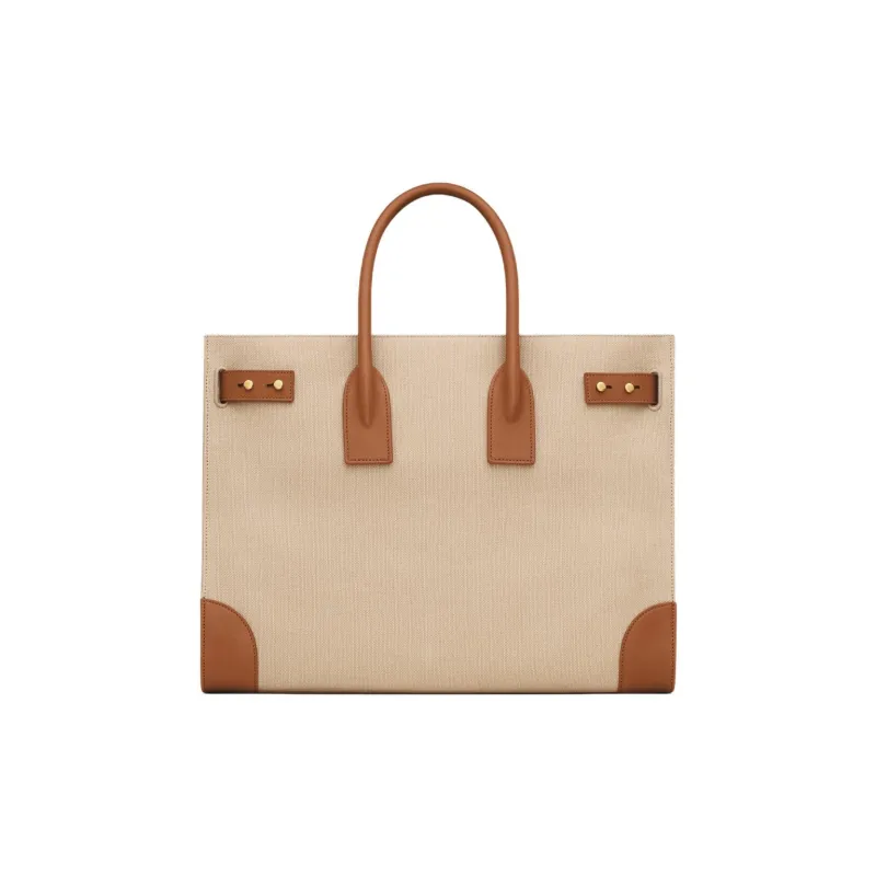 SAINT LAURENT SAC DE JOUR Calfskin With Cotton Tote Bag Shopping Bag Handbag Large Size Men's Beige And Brick Red-3