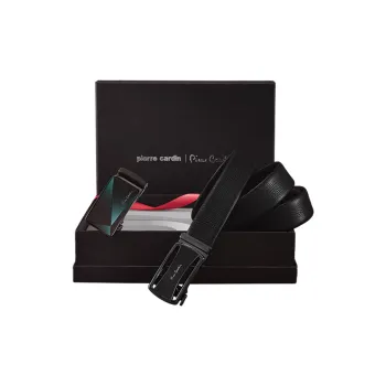 PIERRE CARDIN Business Versatile Double Buckle Top Grain Cow Leather Belt Men's Black 3.5cm