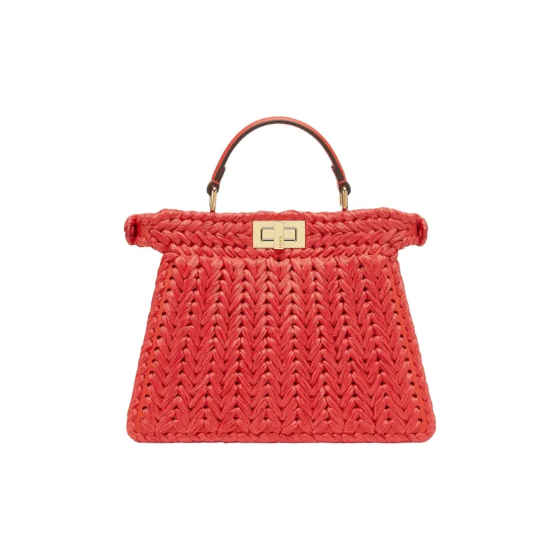 FENDI Peekaboo ISeeU Leather Raffia Palm Fiber One Shoulder Handbags Small Size Women's Red-2
