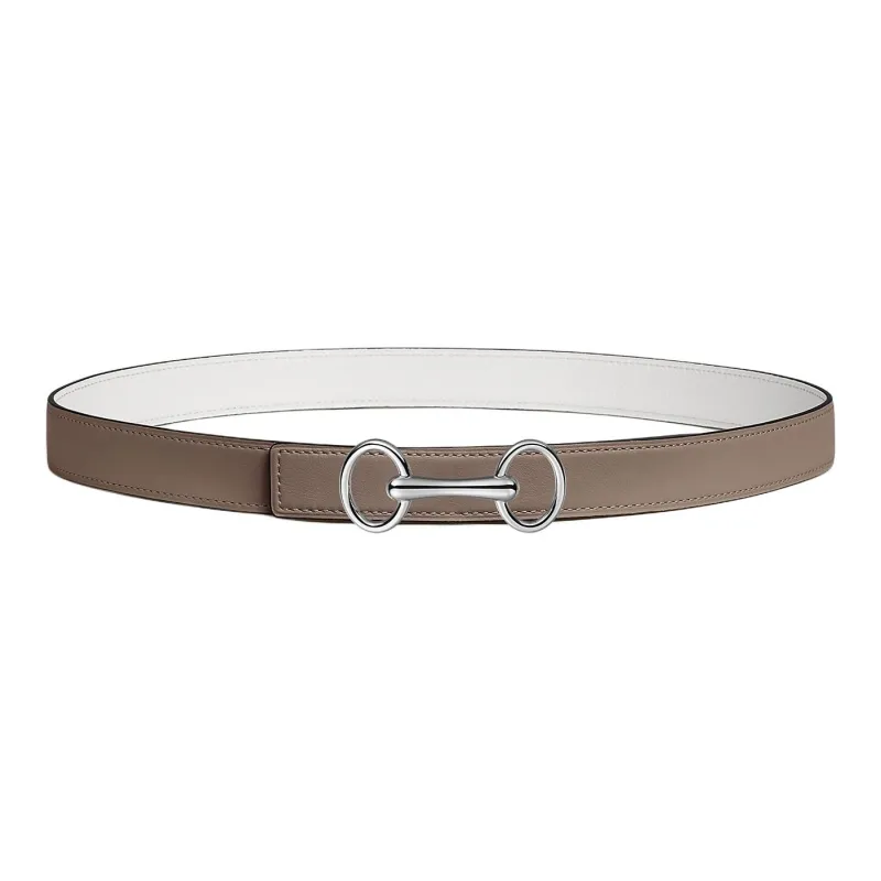 HERMES Ring Buckle Design, Smooth Buckle Leather Belts Women's Brown/White Width 2.4cm-0