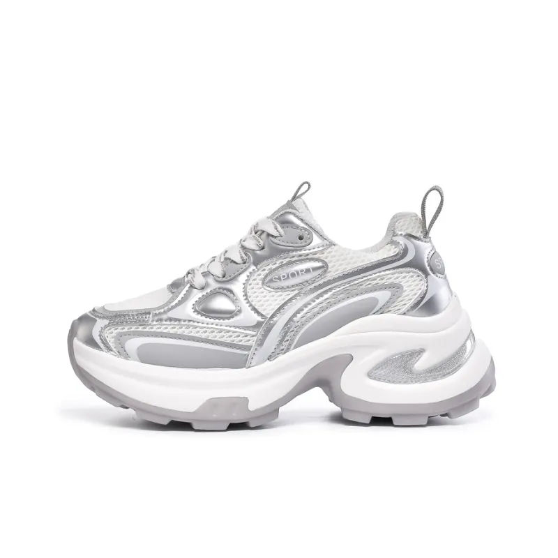 LIANGHUO Cushioning Anti Slip Wear Resistant Breathability Low Top Chunky Sneakers Women's Silver-0