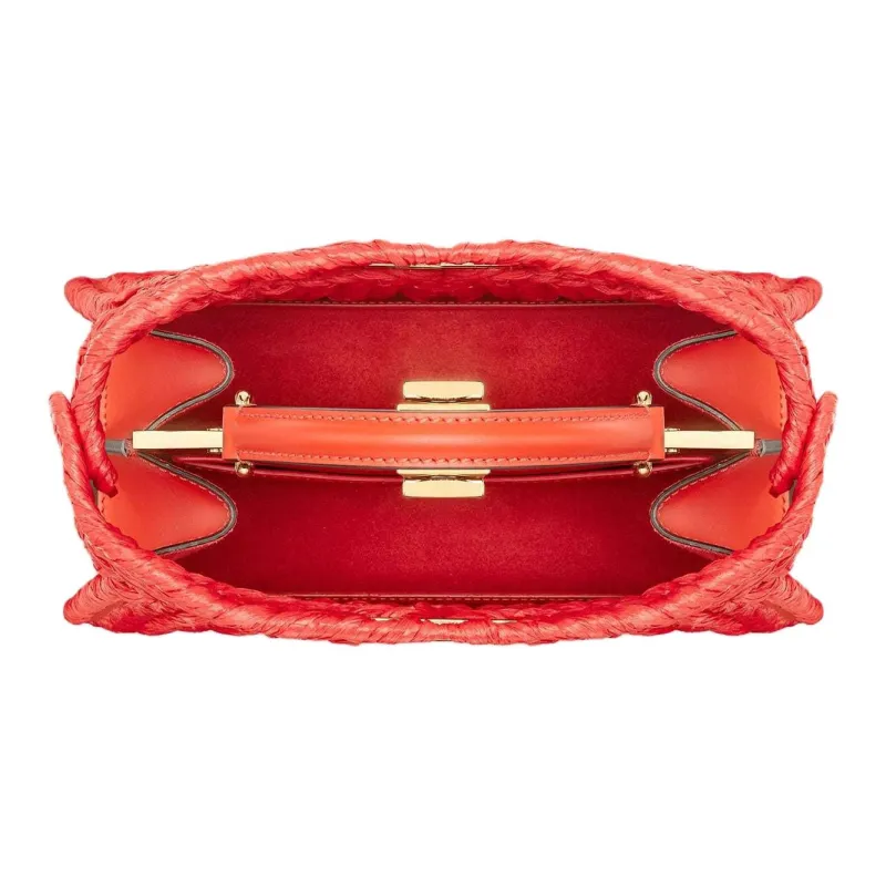 FENDI Peekaboo ISeeU Leather Raffia Palm Fiber One Shoulder Handbags Small Size Women's Red-3