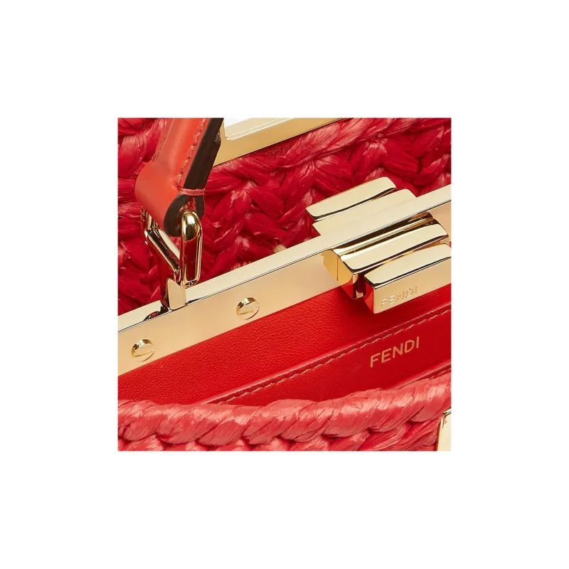 FENDI Peekaboo ISeeU Leather Raffia Palm Fiber One Shoulder Handbags Small Size Women's Red-4