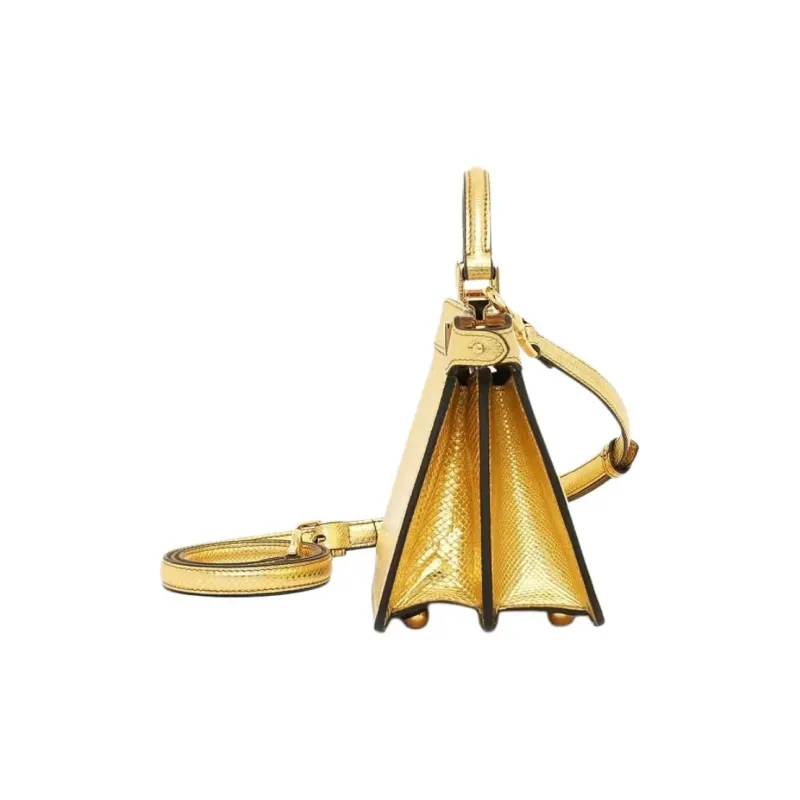 FENDI Leather Portable Crossbody Bag Shoulder Bag Women's Gold-4
