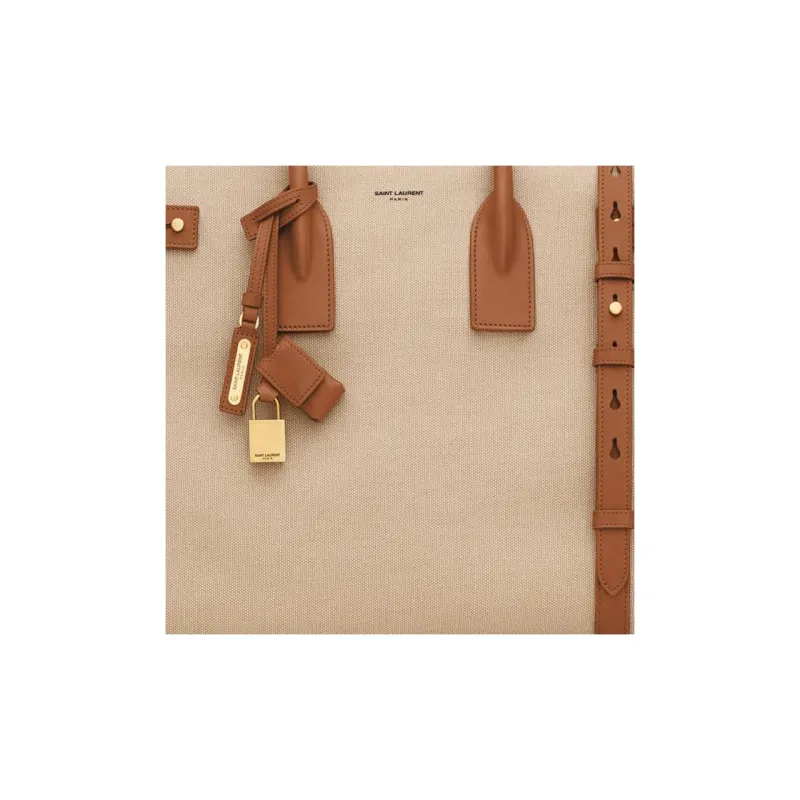 SAINT LAURENT SAC DE JOUR Calfskin With Cotton Tote Bag Shopping Bag Handbag Large Size Men's Beige And Brick Red-5