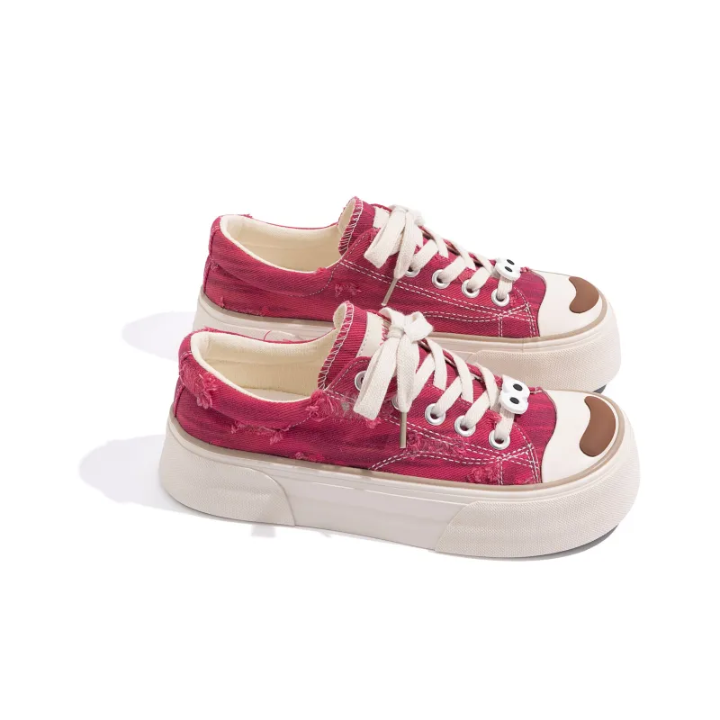 HUANQIU Height Increasing Low Top Canvas Shoes, Skateboard Shoes Women's Rose Red-3