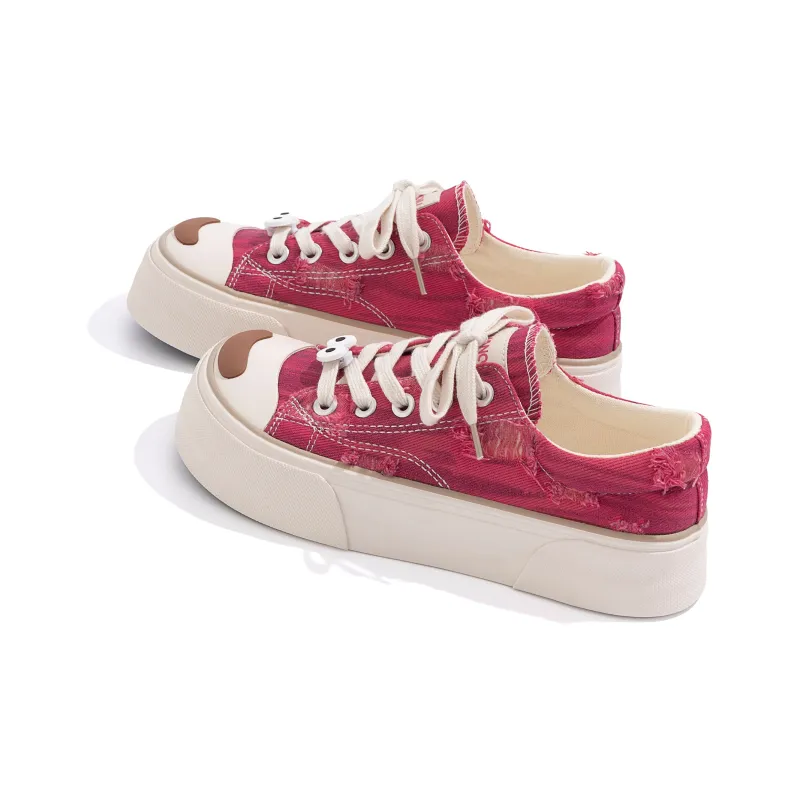 HUANQIU Height Increasing Low Top Canvas Shoes, Skateboard Shoes Women's Rose Red-4