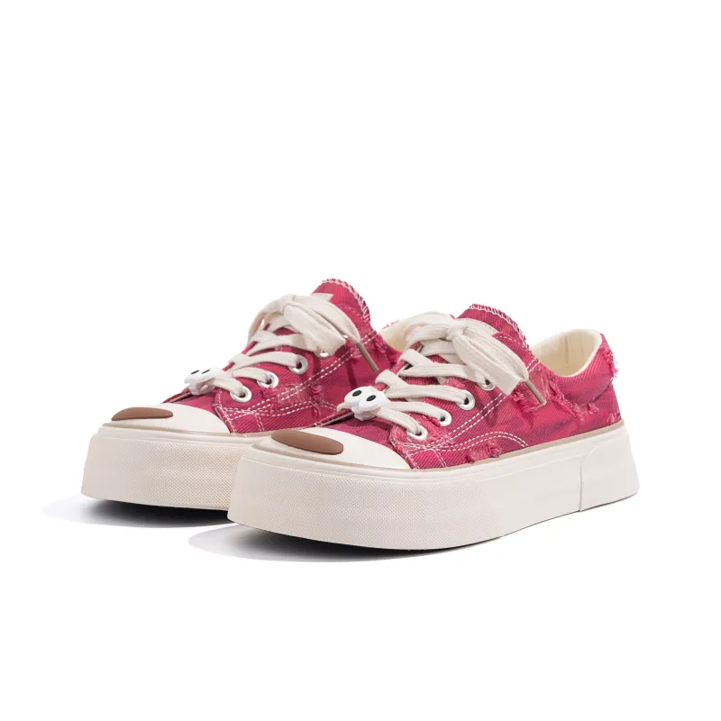 HUANQIU Height Increasing Low Top Canvas Shoes, Skateboard Shoes Women's Rose Red-5
