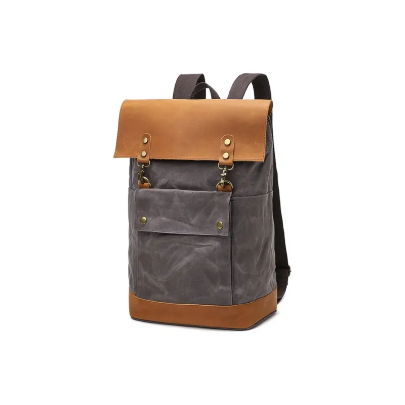 TTaG．baG Batik Canvas With Mad Cow Leather Backpack Unisex Gray/Army Green/Khaki-1