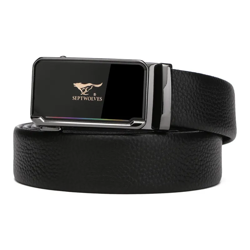 SEPTWOLVES Fine Texture Pattern Automatic Buckle Leather Belts Men's Black Width 3.5CM-1