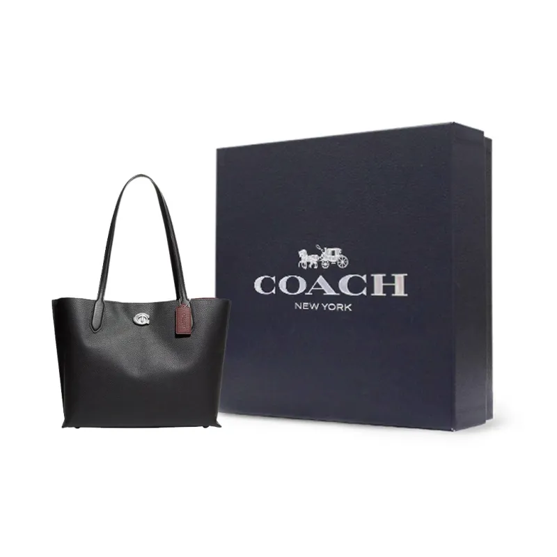 COACH Willow Solid Color Leather Tote Bag, Handbag, Shoulder Bag Tubas Women's Black-7