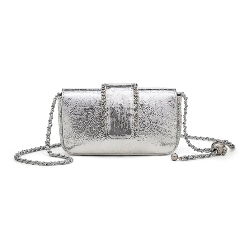 C°BANNER Cow Leather With Synthetic Leather Crossbody Small Square Bag, Chain Bag Regular Women's Silver/Black-3