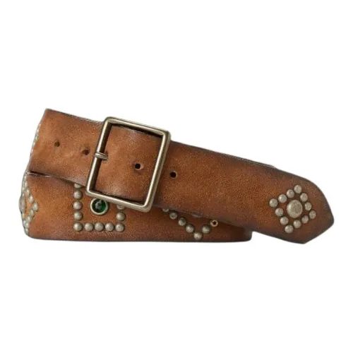 Polo Ralph Lauren Stud Design Cow Leather Brass Glass Stone Leather Belts Unisex Brown Width 4.5cm