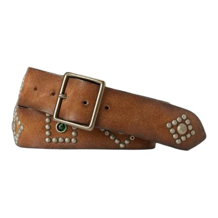 Polo Ralph Lauren Stud Design Cow Leather Brass Glass Stone Leather Belts Unisex Brown Width 4.5cm-0