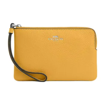 COACH Corner Zip Pebbled Leather Wrist Bag Small Size Women's Silver & Honeycomb Yellow