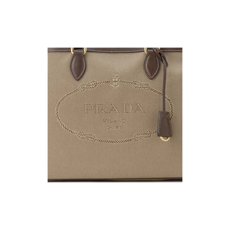 PRADA Canvas With Calfskin One Shoulder Canvas Bag Portable Tote Women's Beige Brown-5