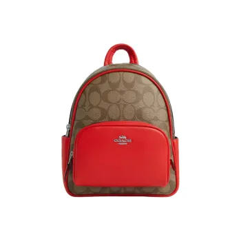 COACH Court Coated Canvas With Smooth Leather Backpack Small Size Women's Silver & Khaki & Miami Red