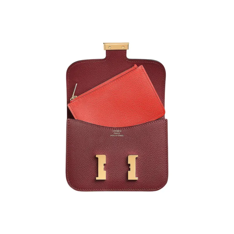 HERMES Evercolor Calfskin Card Holder Coin Purse Fanny Pack Women's Hermes Red With Open Country Orange-1