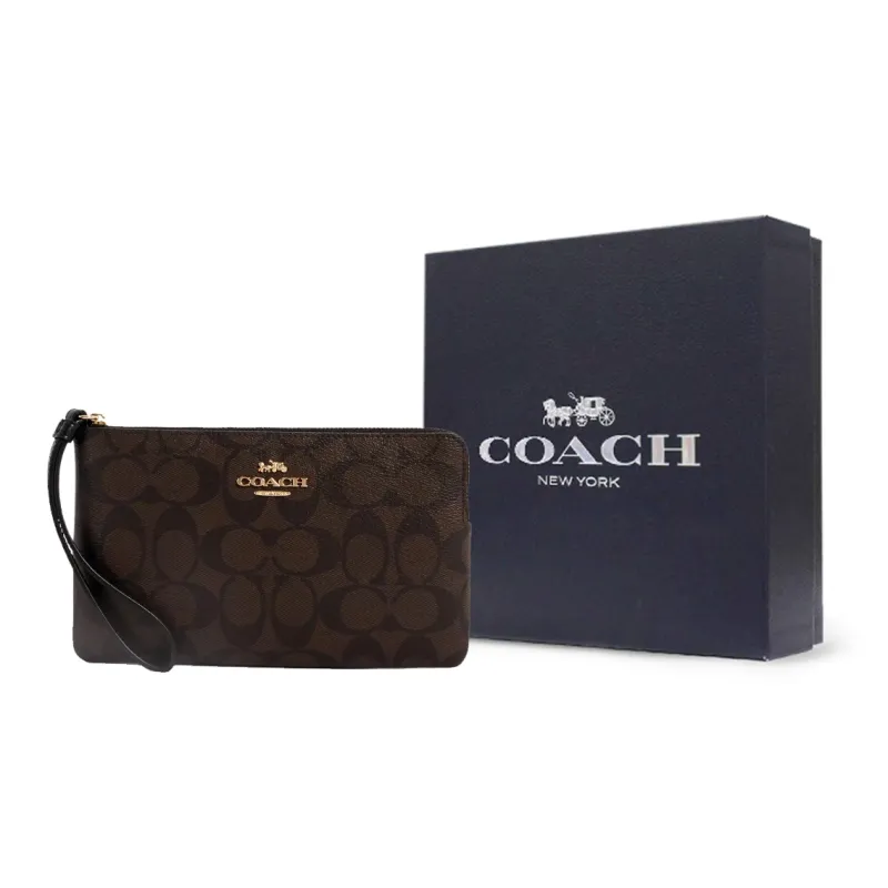 COACH Corner Zip Coated Canvas With Recycled Leather Clutches Wallets Small Size Women's Gold & Brown Black-3