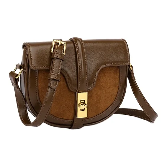 PESASRIE Microfiber Synthetic Leather Saddle Bag, Shoulder Bag, Crossbody Bag Women's Coffee Brown-1