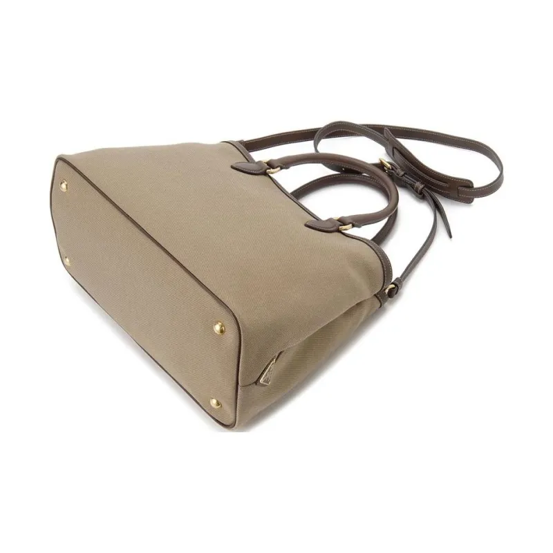 PRADA Canvas With Calfskin One Shoulder Canvas Bag Portable Tote Women's Beige Brown-4