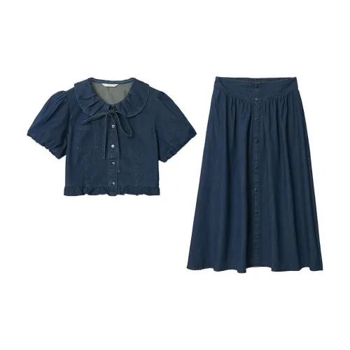 ZIHAN Two Piece Skirt Sets Women's Dark Denim Blue