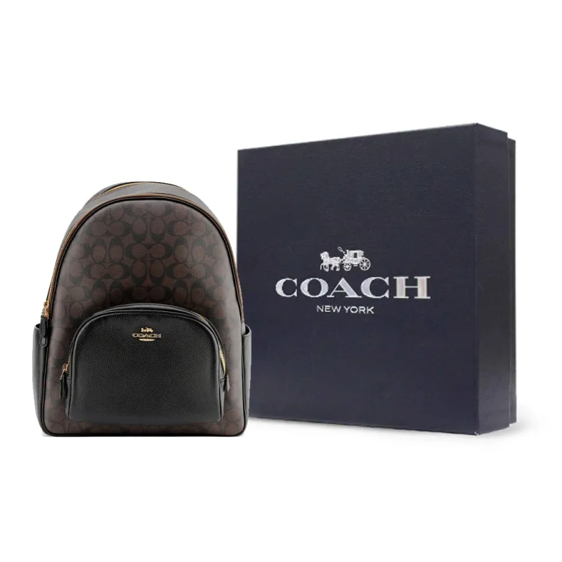 COACH Court Canvas With Leather Backpack Large Size Unisex Black & Dark Brown Monogram-7