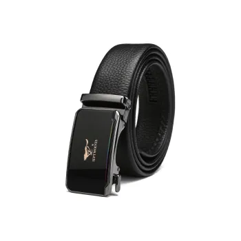 SEPTWOLVES Fine Texture Pattern Automatic Buckle Leather Belts Men's Black Width 3.5CM