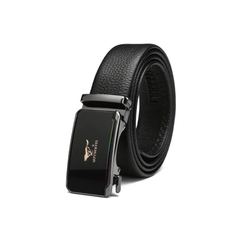 SEPTWOLVES Fine Texture Pattern Automatic Buckle Leather Belts Men's Black Width 3.5CM
