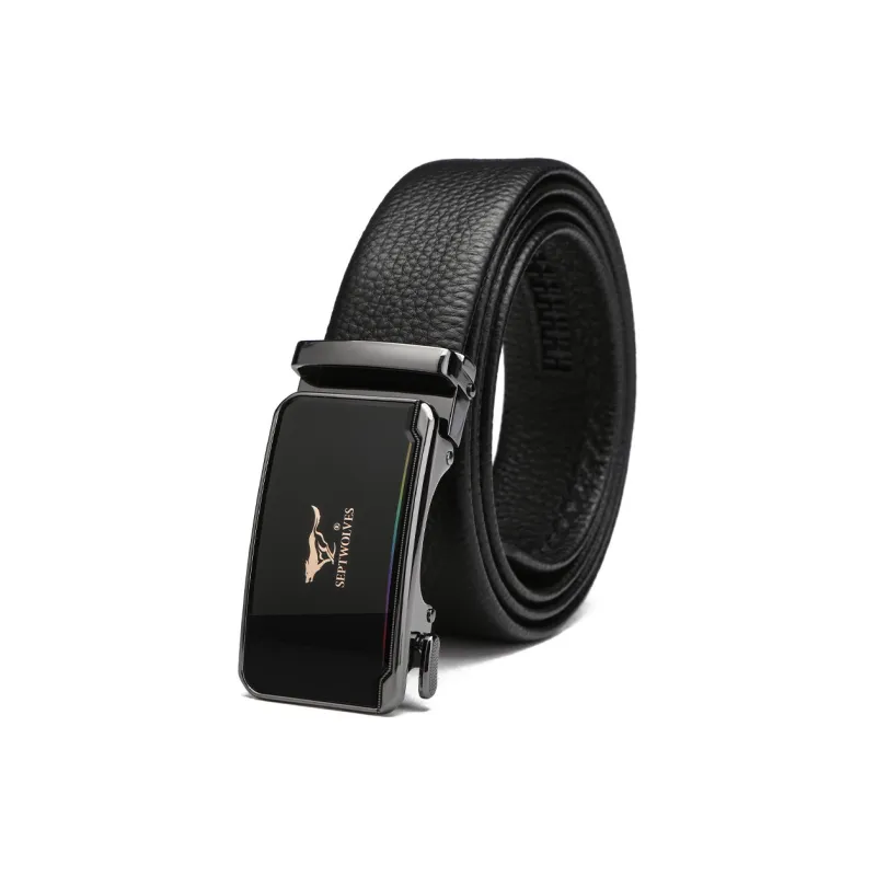SEPTWOLVES Fine Texture Pattern Automatic Buckle Leather Belts Men's Black Width 3.5CM-0