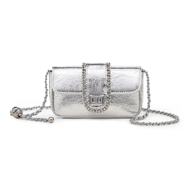 C°BANNER Cow Leather With Synthetic Leather Crossbody Small Square Bag, Chain Bag Regular Women's Silver/Black-2