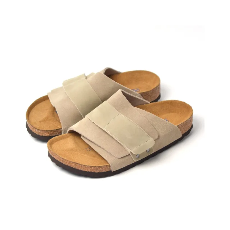 Boku Cork Sole Leather Patchwork Slip Resistant Abrasion Resistant Slide Slippers Unisex Gray-2