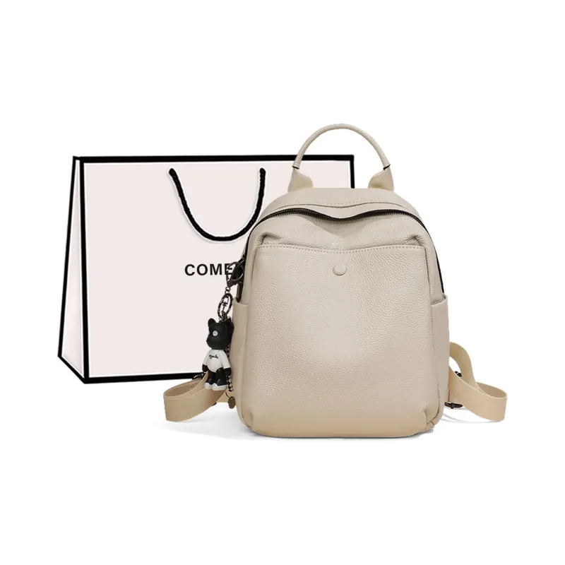 COMELY Cow Leather Bonded Synthetic Leather Backpack Medium Size Women's Ecru/Black-0