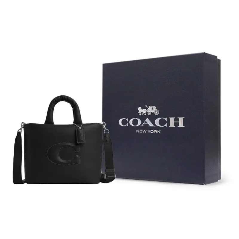COACH Pillow Smooth Leather Tote Bag, Shopping Bag, Shoulder Bag, Crossbody Bag, Handbag Tubas Women's Silver & Black-9