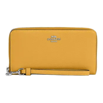 COACH Zip Around Pebbled Leather Clutch Coin Purse Small Size Women's Silver & Honeycomb Yellow