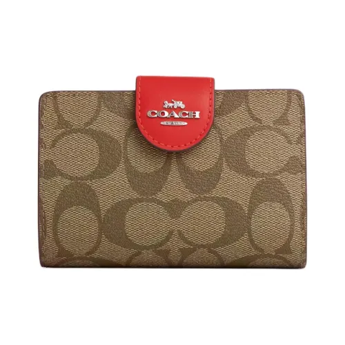 COACH Corner Zip Coated Canvas With Leather Wallet Mini Women's Silver & Khaki & Miami Red