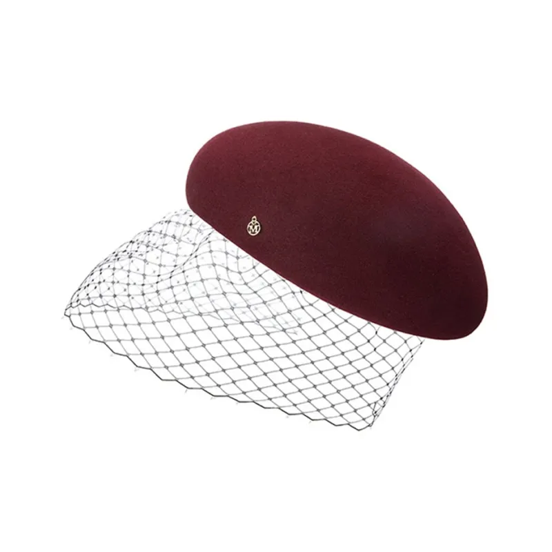 Maison Michel Rabbit Leather Polyamide Berets Women's Burgundy-0