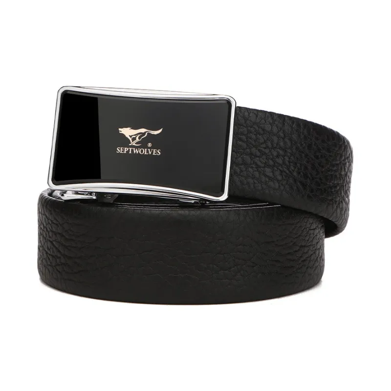 SEPTWOLVES Automatic Buckle High End Authentic Leather Belts Men's Black Width 3.5CM-2