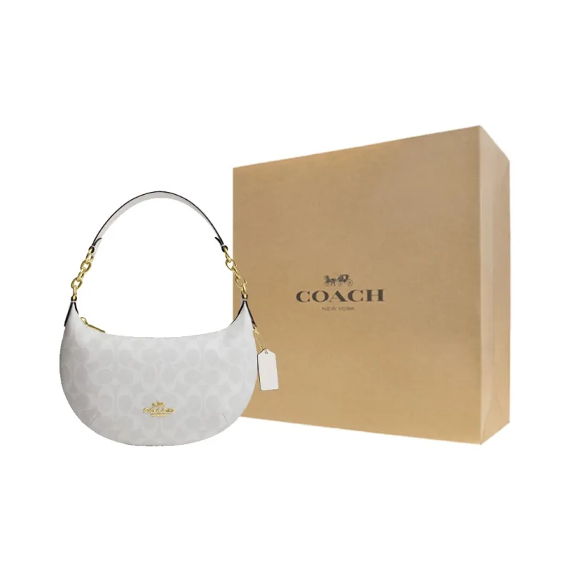 COACH Payton Coated Canvas With Smooth Leather Handbag Shoulder Bag Large Size Women's Gold & Chalk & Glacier White-6