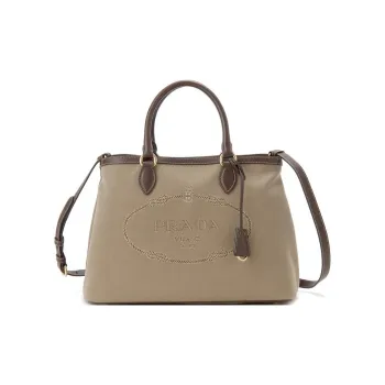 PRADA Canvas With Calfskin One Shoulder Canvas Bag Portable Tote Women's Beige Brown
