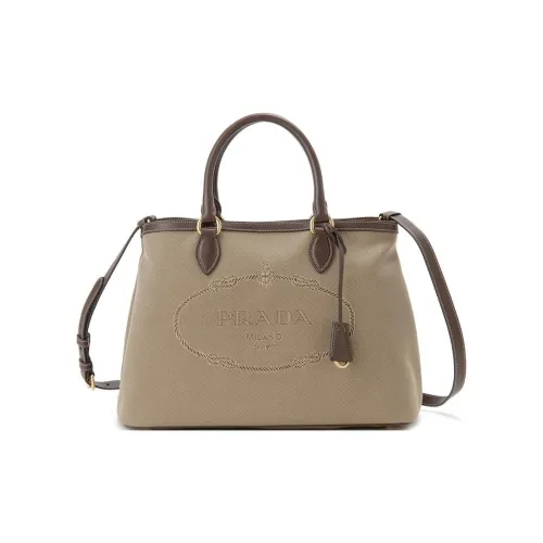 PRADA Canvas With Calfskin One Shoulder Canvas Bag Portable Tote Women's Beige Brown