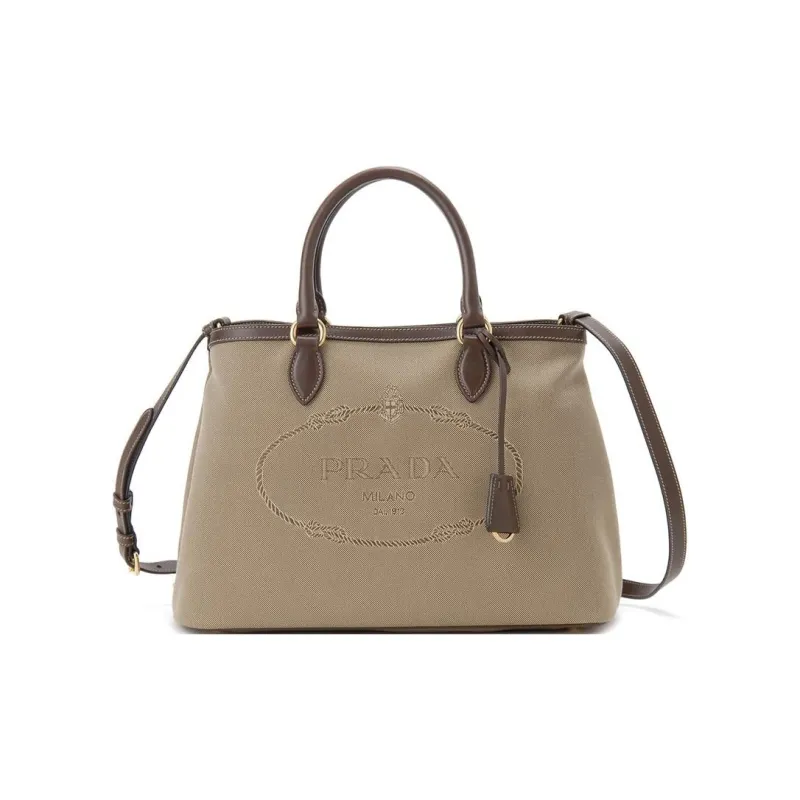 PRADA Canvas With Calfskin One Shoulder Canvas Bag Portable Tote Women's Beige Brown-0