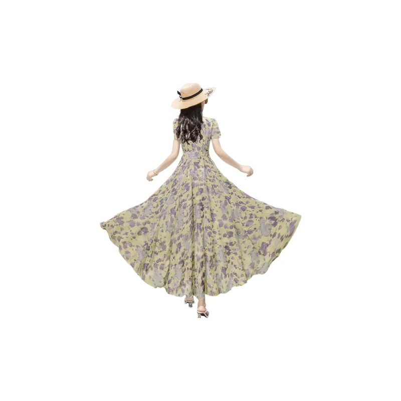 Cypress House Short Sleeved Dress Women's Yellow With Gray Floral-0