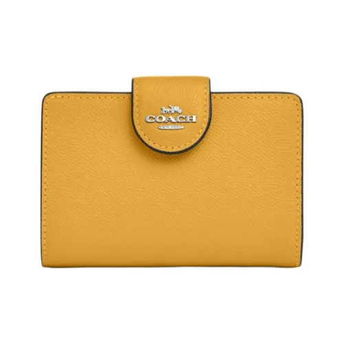 COACH Corner Zip Cross-Stitch Leather Wallet Mini Women's Silver & Honeycomb Yellow