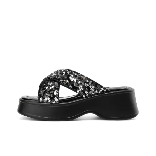 JOSINY Platform Slippers Women's Black Silver/Black