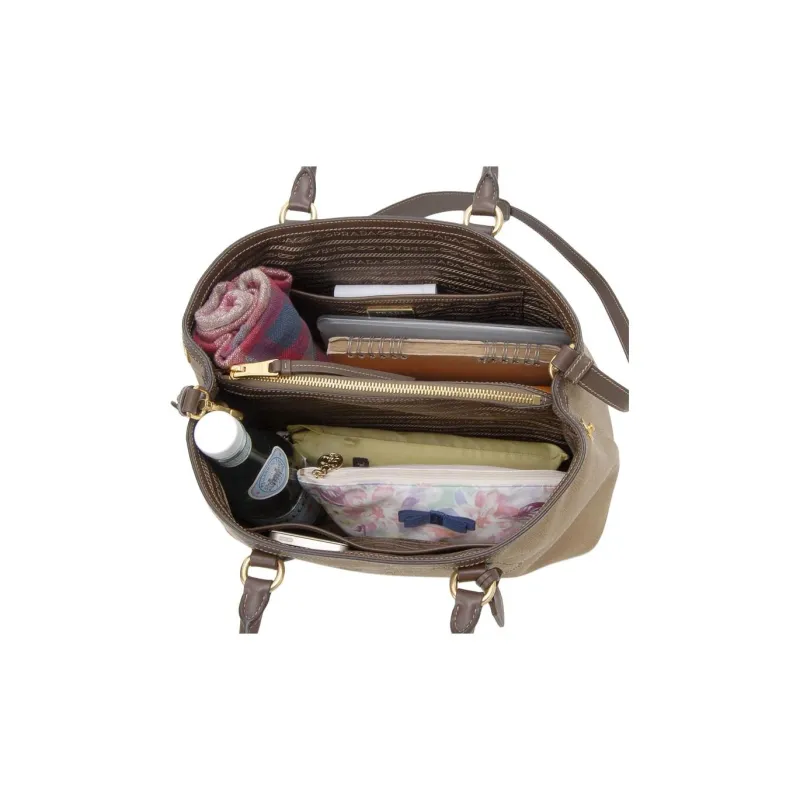 PRADA Canvas With Calfskin One Shoulder Canvas Bag Portable Tote Women's Beige Brown-3