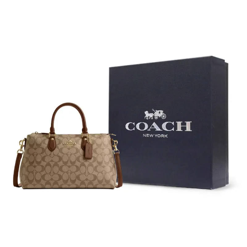 COACH Coated Canvas With Smooth Leather Shoulder Bag Crossbody Bag Handbag Women's Khaki & Saddle Brown-8