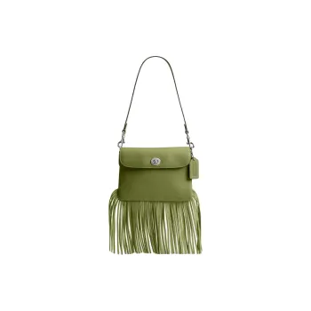 COACH 1964 Fringe Leather Handbag, Shoulder Bag Trumpets Women's Silver & Dark Lime