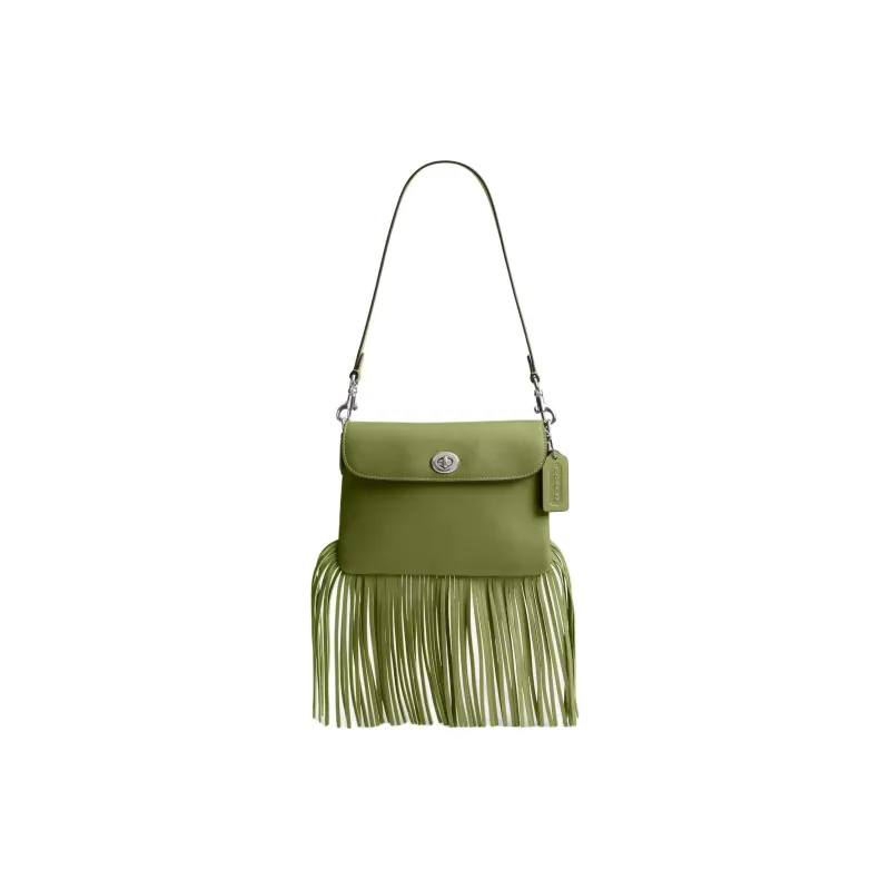 COACH 1964 Fringe Leather Handbag, Shoulder Bag Trumpets Women's Silver & Dark Lime-0